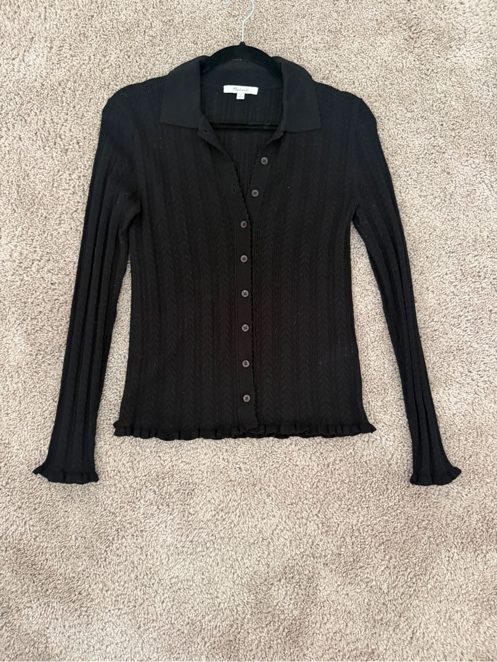 Madewell Lettuce-Edge Collared Knit Ribbed Button Up Cardigan Black